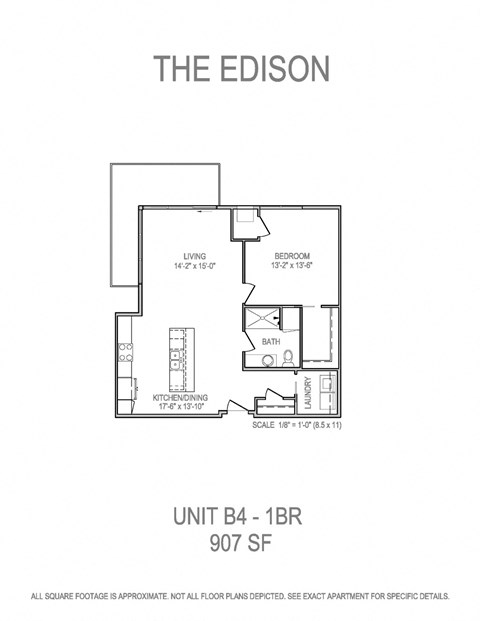Floor plan for 1 bed, 1 bath, 907 sqft